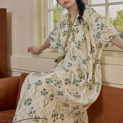 Ownkoti Pastoral Padded Short Sleeve Tie-Back Nightgown with Pocket