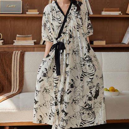 Ownkoti Country Style Padded Tie Nightgown with Pocket