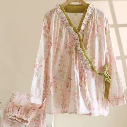 Ownkoti Rose Print Cotton Gauze Asymmetric Front Loungewear Set