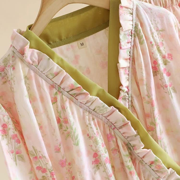 Ownkoti Rose Print Cotton Gauze Asymmetric Front Loungewear Set