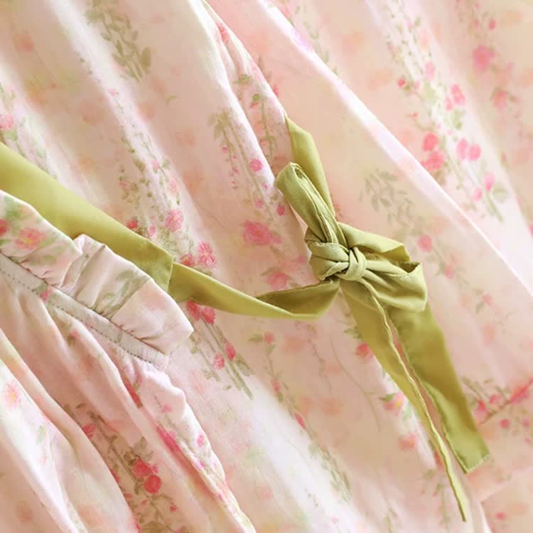 Ownkoti Rose Print Cotton Gauze Asymmetric Front Loungewear Set