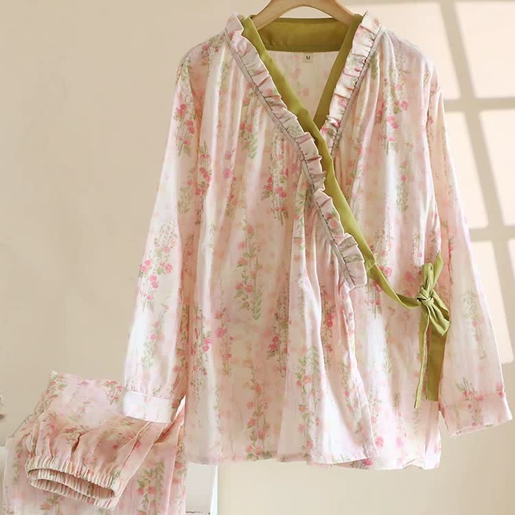 Ownkoti Rose Print Cotton Gauze Asymmetric Front Loungewear Set - image 1
