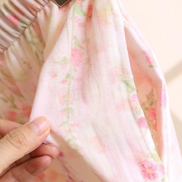 Ownkoti Rose Print Cotton Gauze Asymmetric Front Loungewear Set