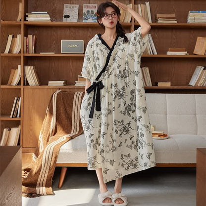 Ownkoti Floral Butterfly Print Padded Tie Nightgown with Pocket