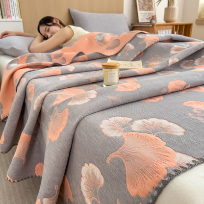 Ownkoti Ginkgo Leaf Cotton Layers Gauze Reversible Coverlet - Grey&Orange - Queen - image 6