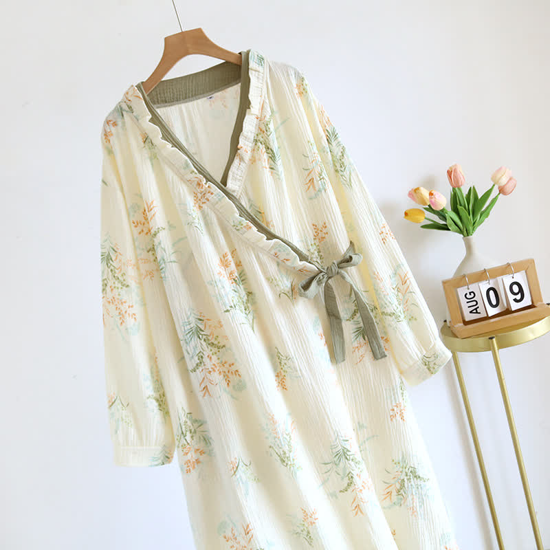 Ownkoti Plant Cotton Gauze Long Sleeve Nightgown with Pocket