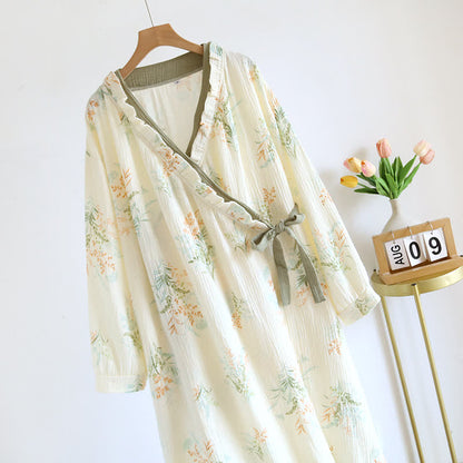 Ownkoti Plant Cotton Gauze Long Sleeve Nightgown with Pocket