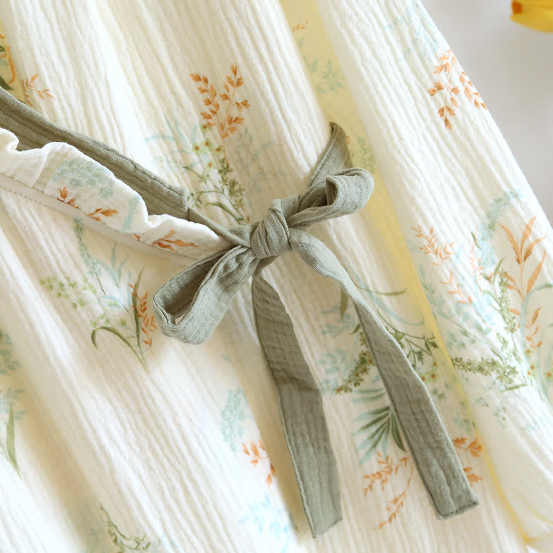 Ownkoti Plant Cotton Gauze Long Sleeve Nightgown with Pocket