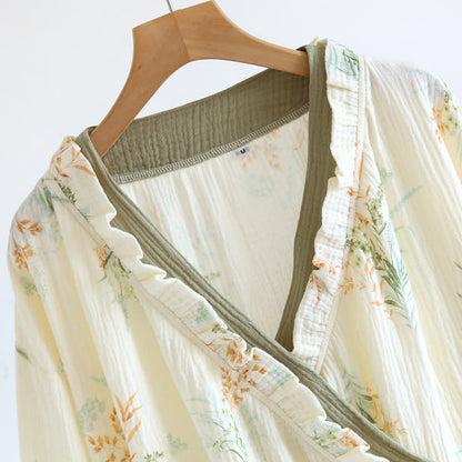 Ownkoti Plant Cotton Gauze Long Sleeve Nightgown with Pocket