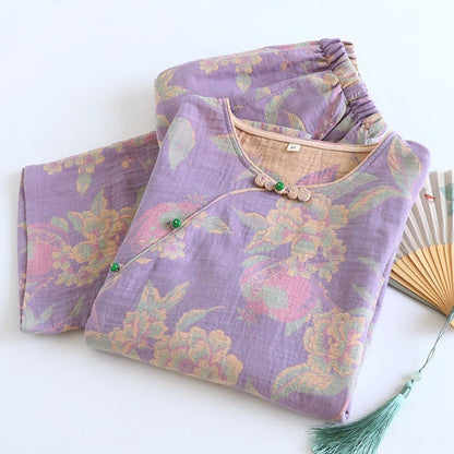 Ownkoti Elegant Vintage Yarn-dyed Jacquard Cotton Loungewear Set