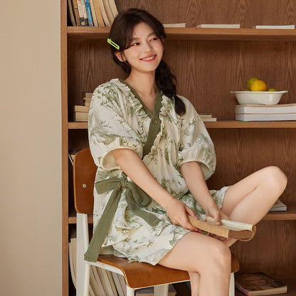 Ownkoti Bamboo Print Short Sleeve Bra Free Pajama Set