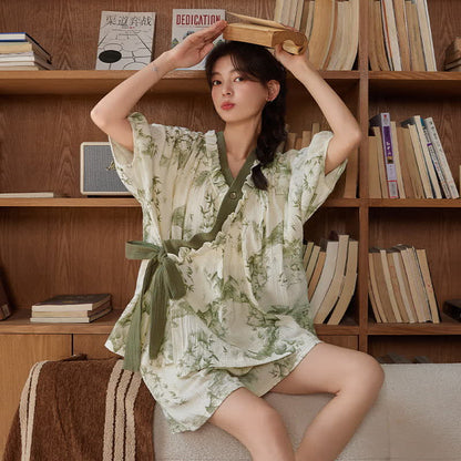 Ownkoti Bamboo Print Short Sleeve Bra Free Pajama Set