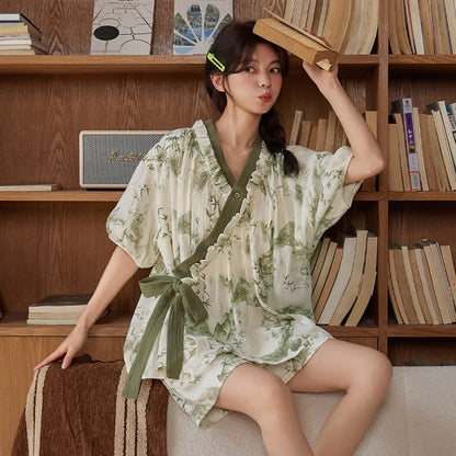 Ownkoti Bamboo Print Short Sleeve Bra Free Pajama Set