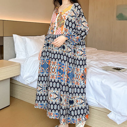 Ownkoti Plus Size Long Sleeve Ethnic Style Nightdress