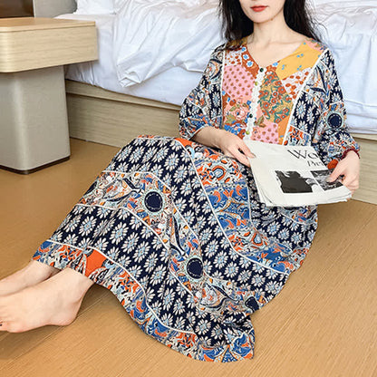 Ownkoti Plus Size Long Sleeve Ethnic Style Nightdress