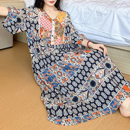 Ownkoti Plus Size Long Sleeve Ethnic Style Nightdress