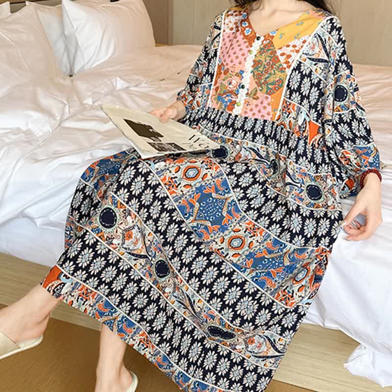 Ownkoti Plus Size Long Sleeve Ethnic Style Nightdress