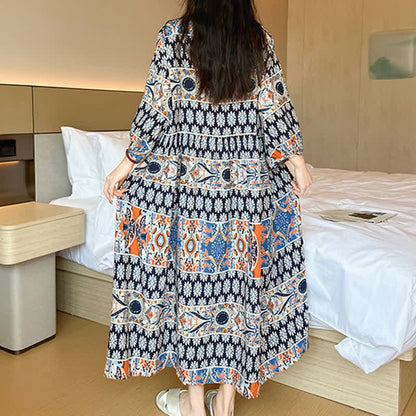 Ownkoti Plus Size Long Sleeve Ethnic Style Nightdress