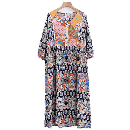 Ownkoti Plus Size Long Sleeve Ethnic Style Nightdress