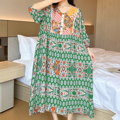 Ownkoti Plus Size Long Sleeve Ethnic Style Nightdress
