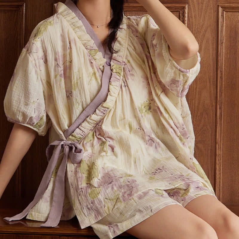 Ownkoti Elegant Floral Short Sleeve Bra Free Pajama Set