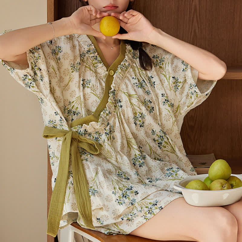 Ownkoti Pastoral Floral Short Sleeve Bra Free Pajama Set - image 0