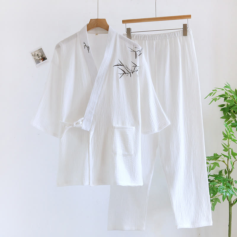 Ownkoti Unisex Bamboo Jacquard Kimono Pajama Set - White - XL - image 5