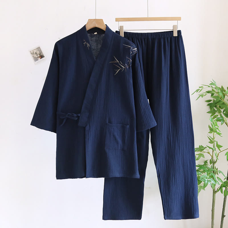 Ownkoti Unisex Bamboo Jacquard Kimono Pajama Set - Navy Blue - XL - image 1