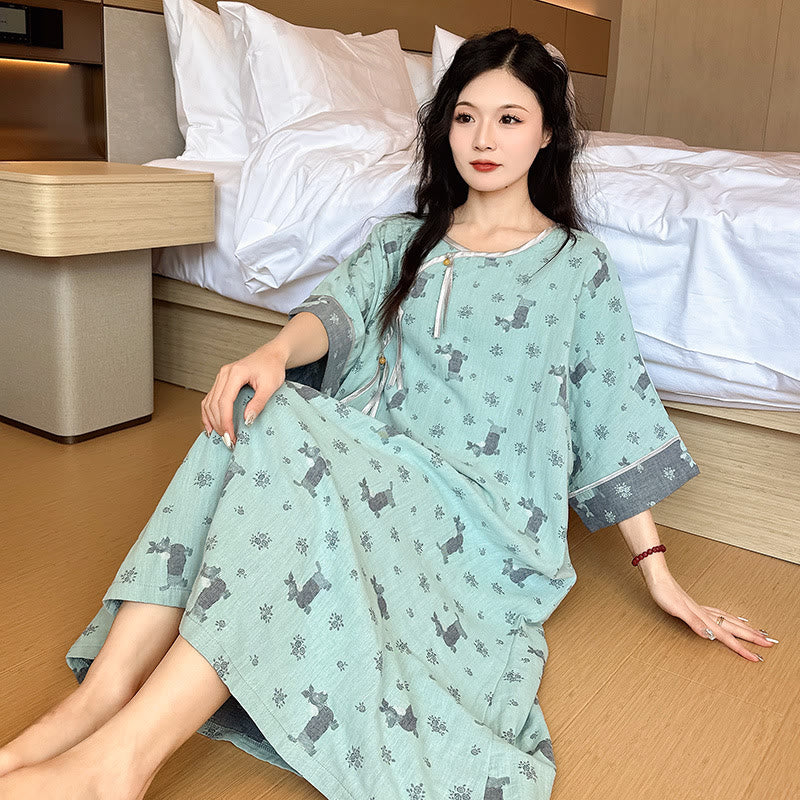 Plus Size Double Layer Cotton Nightgown  - Green - 5XL - image 0