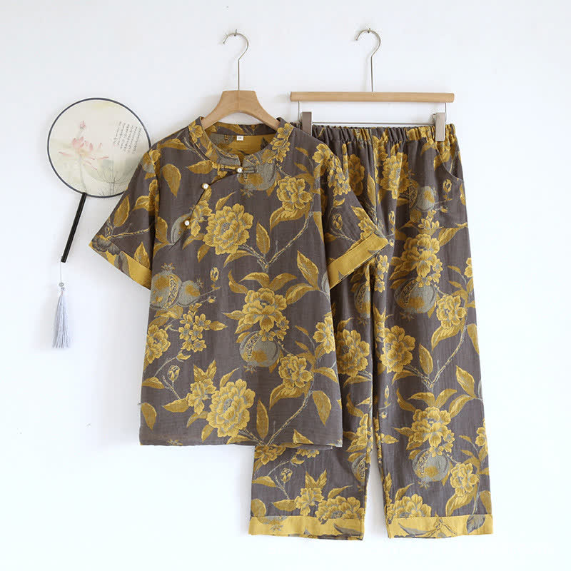 Ownkoti Cotton Yarn-dyed Retro Short-sleeve Loungewear Set