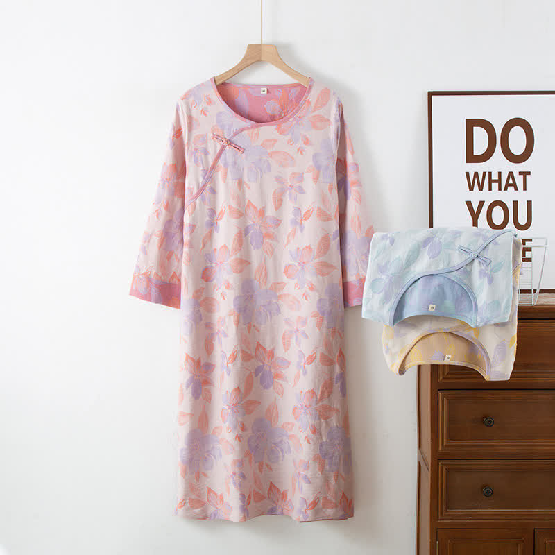 Ownkoti Vintage Yarn-dyed Cotton Round Neck Nightdress