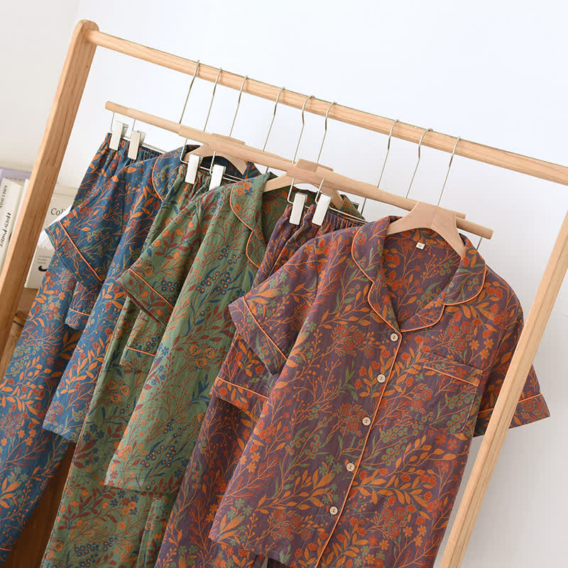 Ownkoti Jacquard Yarn-dyed Cotton Short-sleeved Loungewear Set(3PCS)