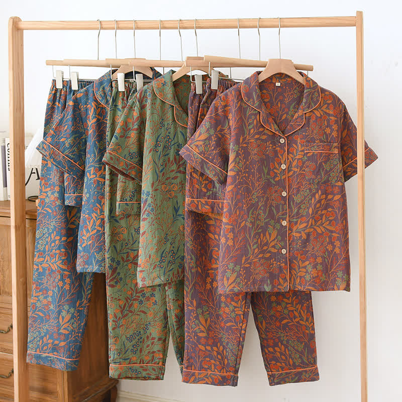 Ownkoti Jacquard Yarn-dyed Cotton Short-sleeved Loungewear Set(3PCS)