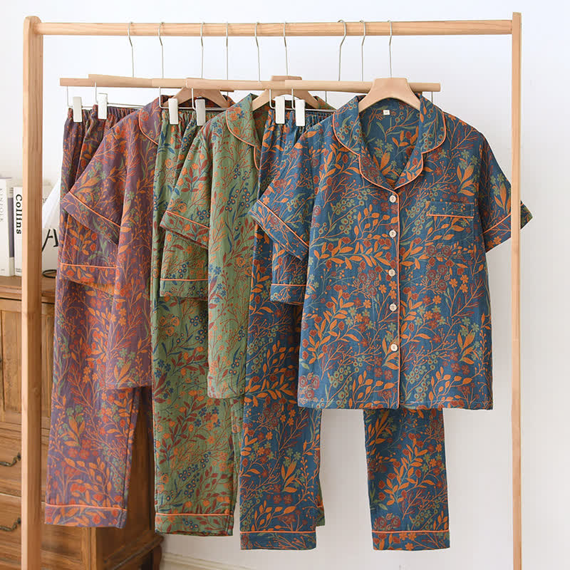 Ownkoti Jacquard Yarn-dyed Cotton Short-sleeved Loungewear Set(3PCS)