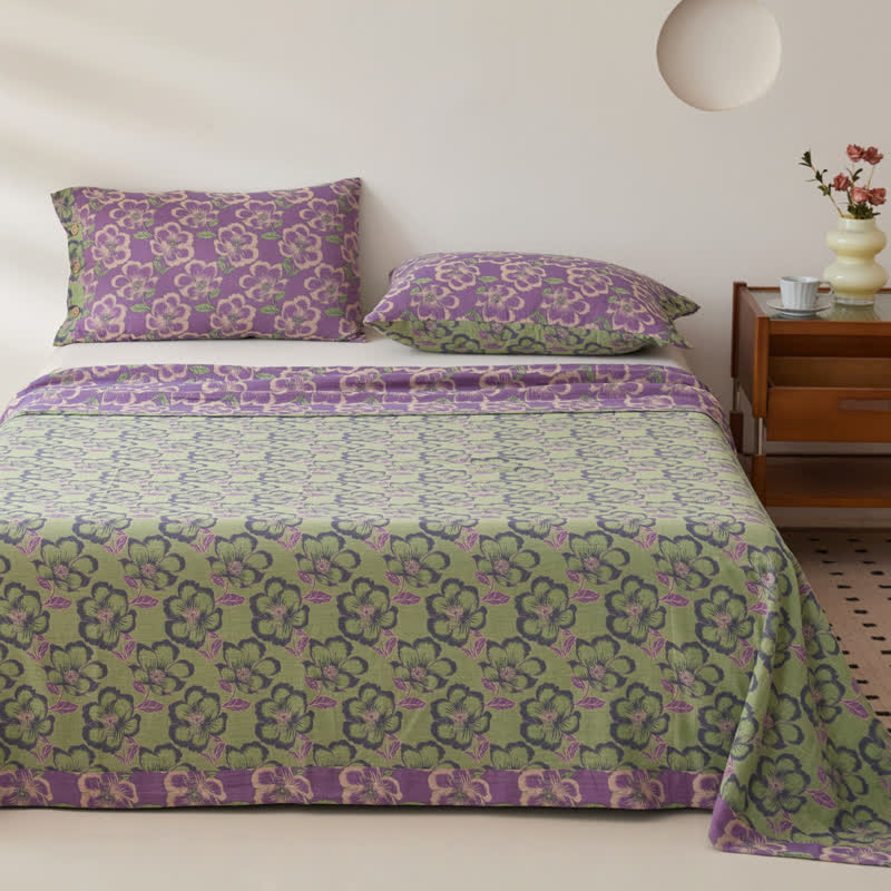 Ownkoti Elegant Floral Cotton Gauze Yarn-dyed Reversible Coverlet