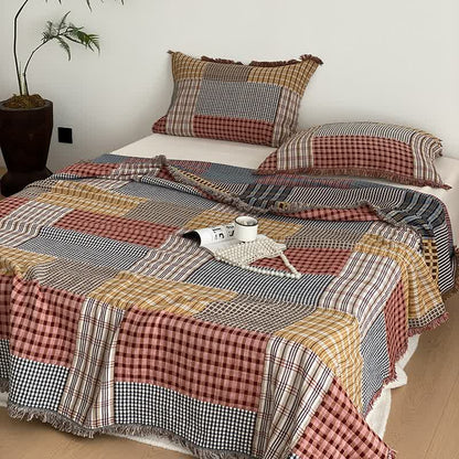 Ownkoti Plaid Print Four-layer Cotton Gauze Tassel Quilt - image 1
