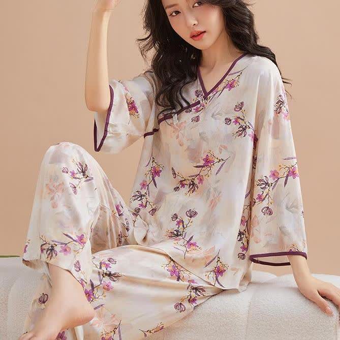 Ownkoti Peach Blossom Knotted  Buttons Loungewear Set