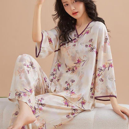 Ownkoti Peach Blossom Knotted  Buttons Loungewear Set