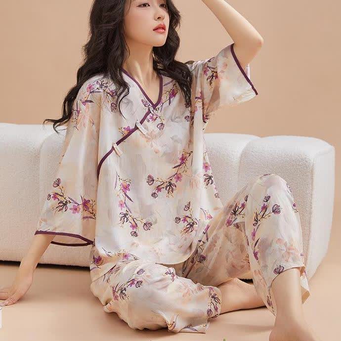 Ownkoti Peach Blossom Knotted  Buttons Loungewear Set