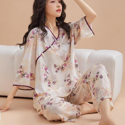 Ownkoti Peach Blossom Knotted  Buttons Loungewear Set