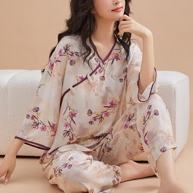 Ownkoti Peach Blossom Knotted  Buttons Loungewear Set