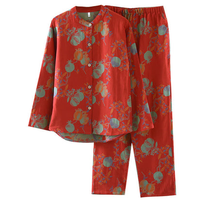 Ownkoti Pomegranate Flower Cotton Jacquard Vintage Yarn-dyed Pajama Set