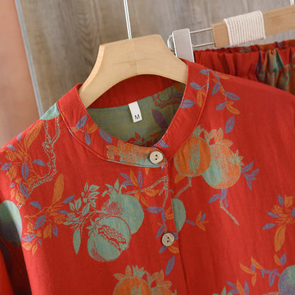 Ownkoti Pomegranate Flower Cotton Jacquard Vintage Yarn-dyed Pajama Set