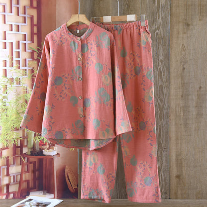 Ownkoti Pomegranate Flower Cotton Jacquard Vintage Yarn-dyed Pajama Set