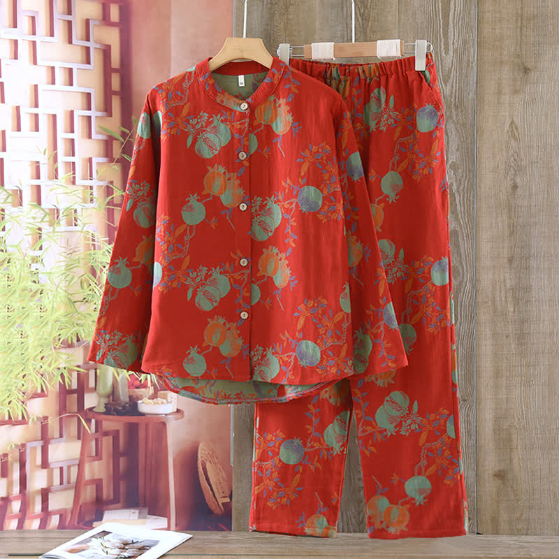 Ownkoti Pomegranate Flower Cotton Jacquard Vintage Yarn-dyed Pajama Set
