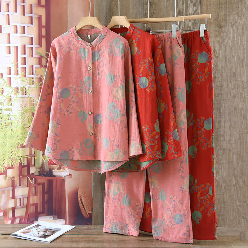 Ownkoti Pomegranate Flower Cotton Jacquard Vintage Yarn-dyed Pajama Set