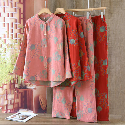 Ownkoti Pomegranate Flower Cotton Jacquard Vintage Yarn-dyed Pajama Set