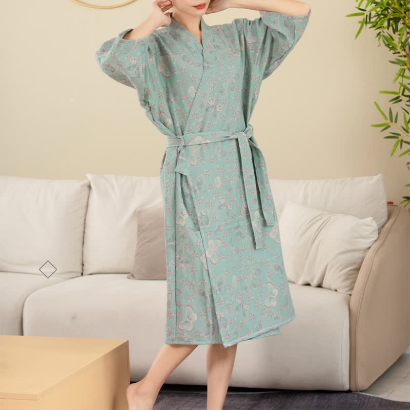 Ownkoti Floral Butterfly Cotton Double-layer Gauze Yarn-dyed Jacquard Bathrobe - image 2