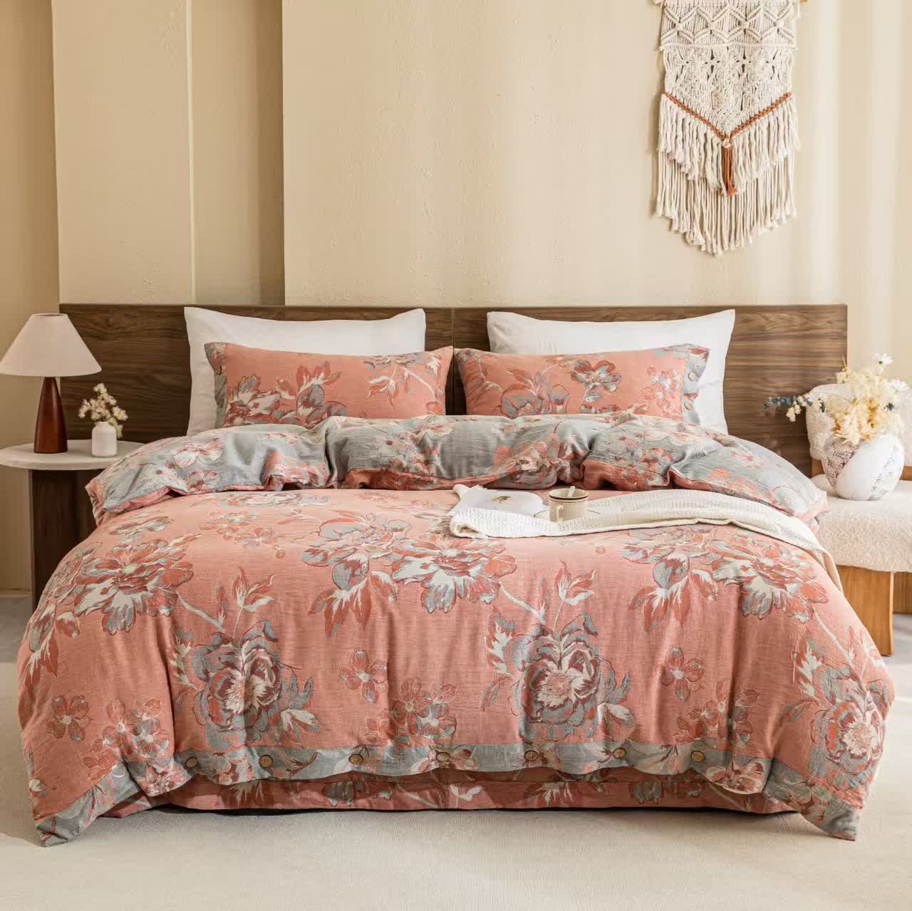 Reversible Floral Cotton Gauze Button Bedding Set (4PCS) - Pink&Grey - King - image 0