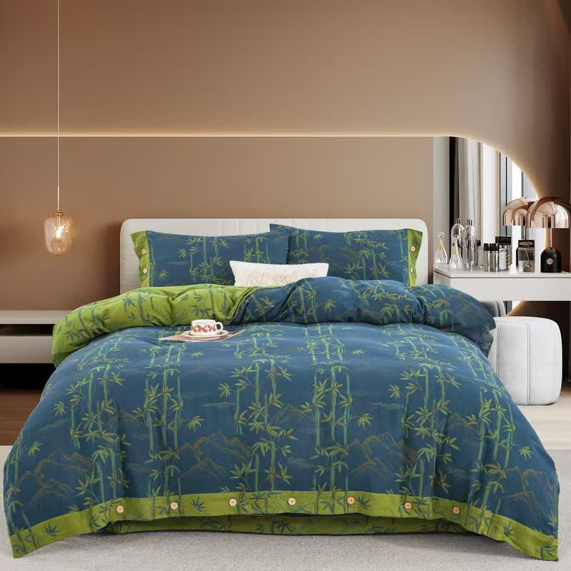 Ownkoti Bamboo Plant Cotton Gauze Reversible Bedding Set (4PCS)  - Blue - King - image 4